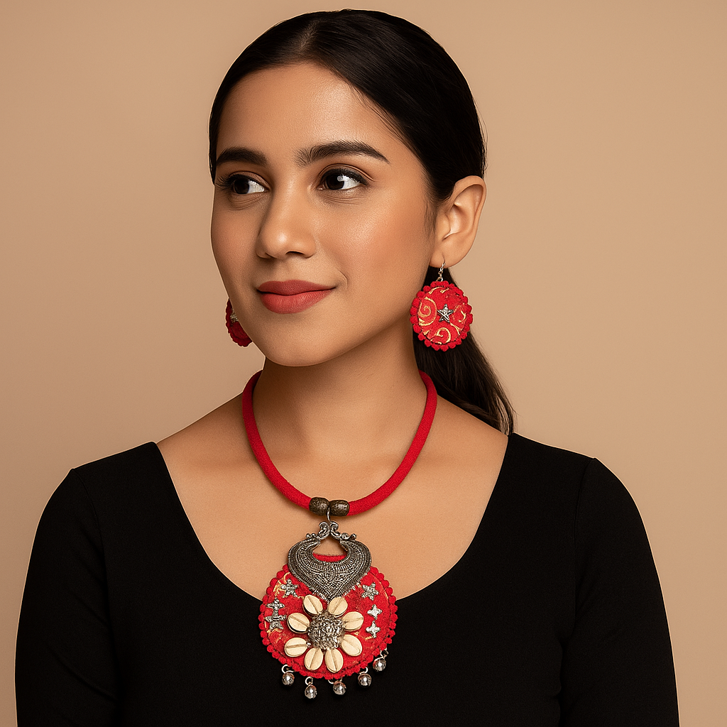 Red Cowrie Shell Floral Pendant Necklace Set with Oxidized Top