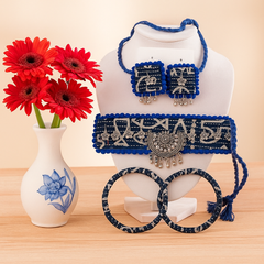Blue Fabric Oxidized Choker Set with Bangles