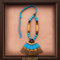 Blue & Black Beaded Fan Pendant Necklace