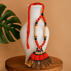 Red & Black Beaded Fan Pendant Necklace