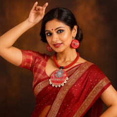 Red Fabric Cowrie Shell Necklace Set with Earrings