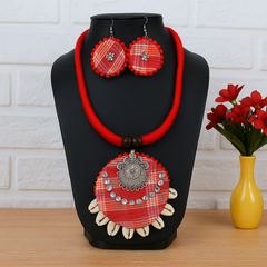 Red Fabric Cowrie Shell Necklace Set with Earrings
