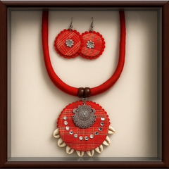 Red Fabric Cowrie Shell Necklace Set with Earrings