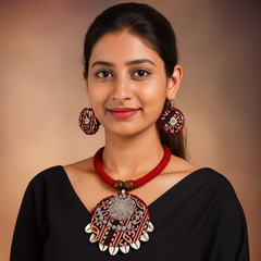 Black & Red Fabric Cowrie Shell Necklace Set with Earrings