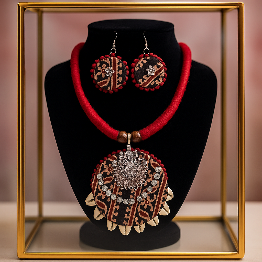 Black & Red Fabric Cowrie Shell Necklace Set with Earrings