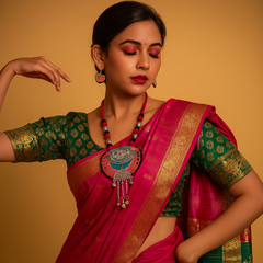 Red-Black Fabric & Oxidized Silver Statement Necklace Set