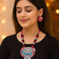 Red-Black Fabric & Oxidized Silver Statement Necklace Set