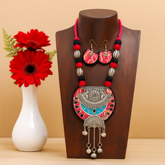 Red-Black Fabric & Oxidized Silver Statement Necklace Set