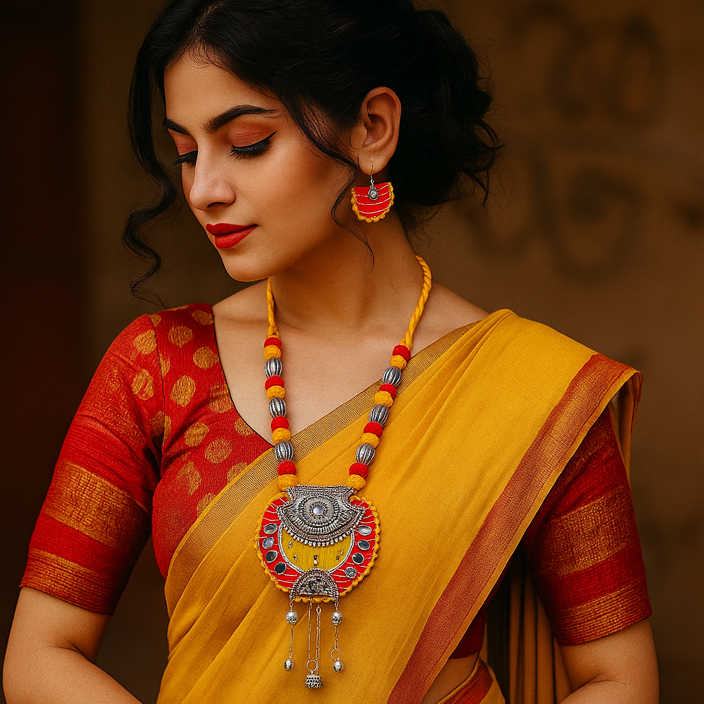 Yellow-Red Fabric & Oxidized Silver Necklace Set