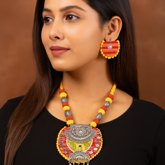 Yellow-Red Fabric & Oxidized Silver Necklace Set