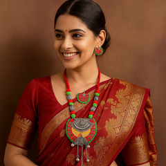 Red-Green Fabric & Oxidized Silver Necklace Set