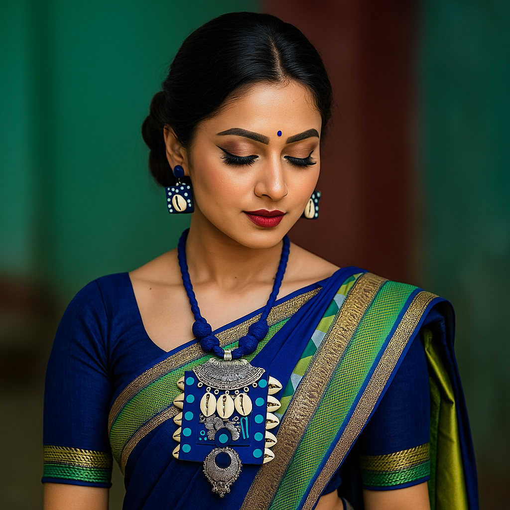 Royal Blue Oxidized Shell Pendant Necklace Set