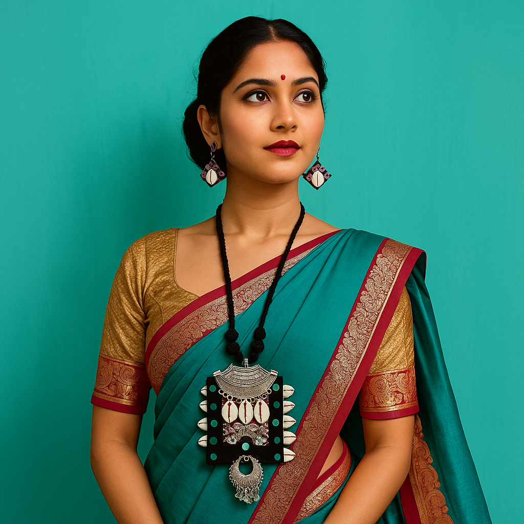 Black & Red Cowrie Shell Oxidized Pendant Necklace Set