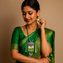 Green Cowrie Shell Tribal Oxidized Pendant Necklace Set