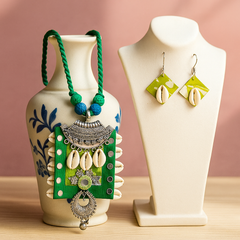 Green Cowrie Shell Tribal Oxidized Pendant Necklace Set