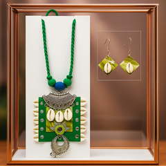 Green Cowrie Shell Tribal Oxidized Pendant Necklace Set