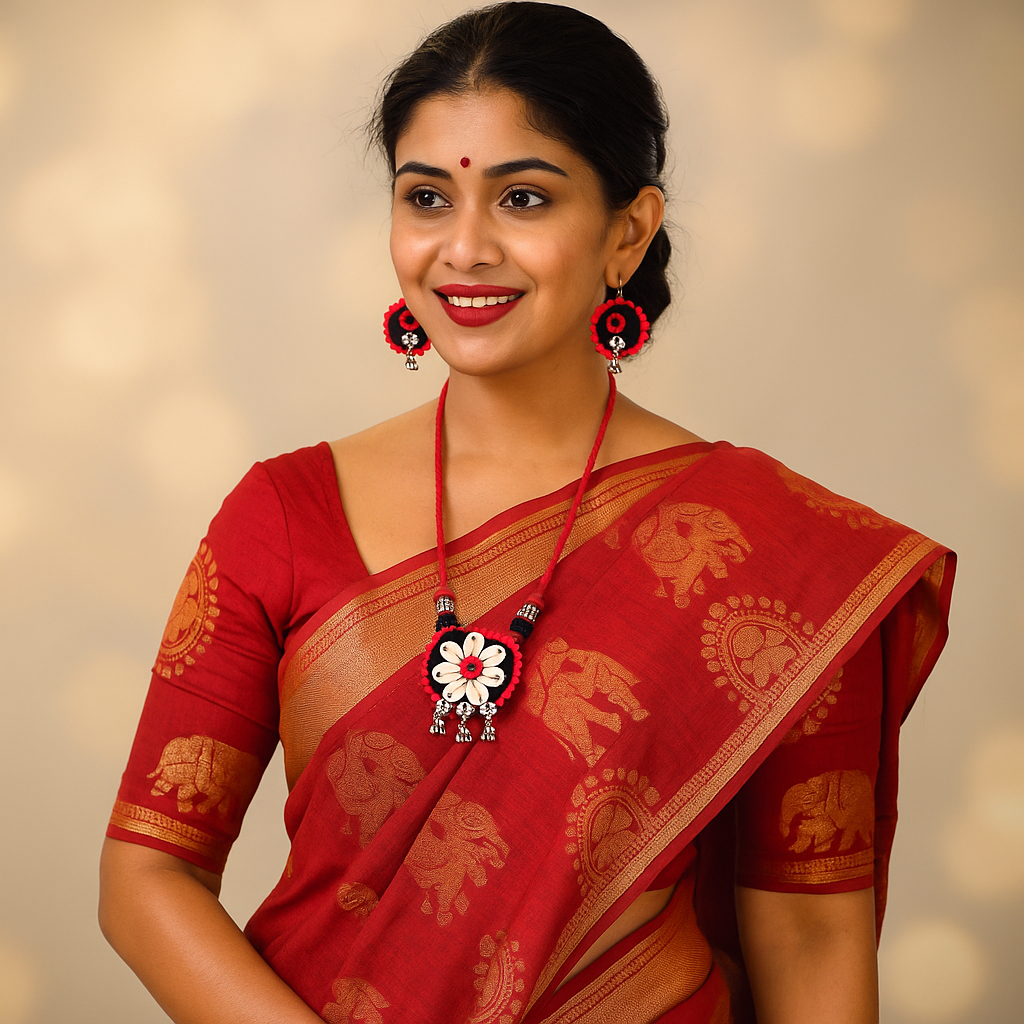 Black & Red Round Floral Shell Necklace Set