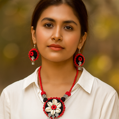 Black & Red Round Floral Shell Necklace Set
