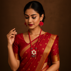 Red Cowrie Shell Floral Necklace Set