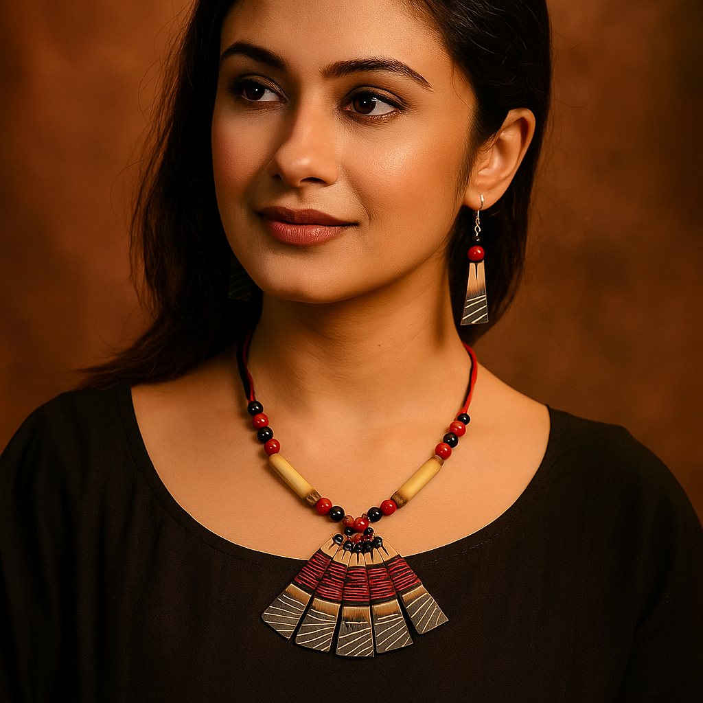 Mix Red & Brown Beaded Fan Pendant Necklace