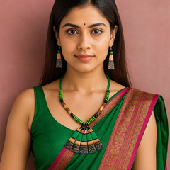 Green & Black Beaded Fan Pendant Necklace