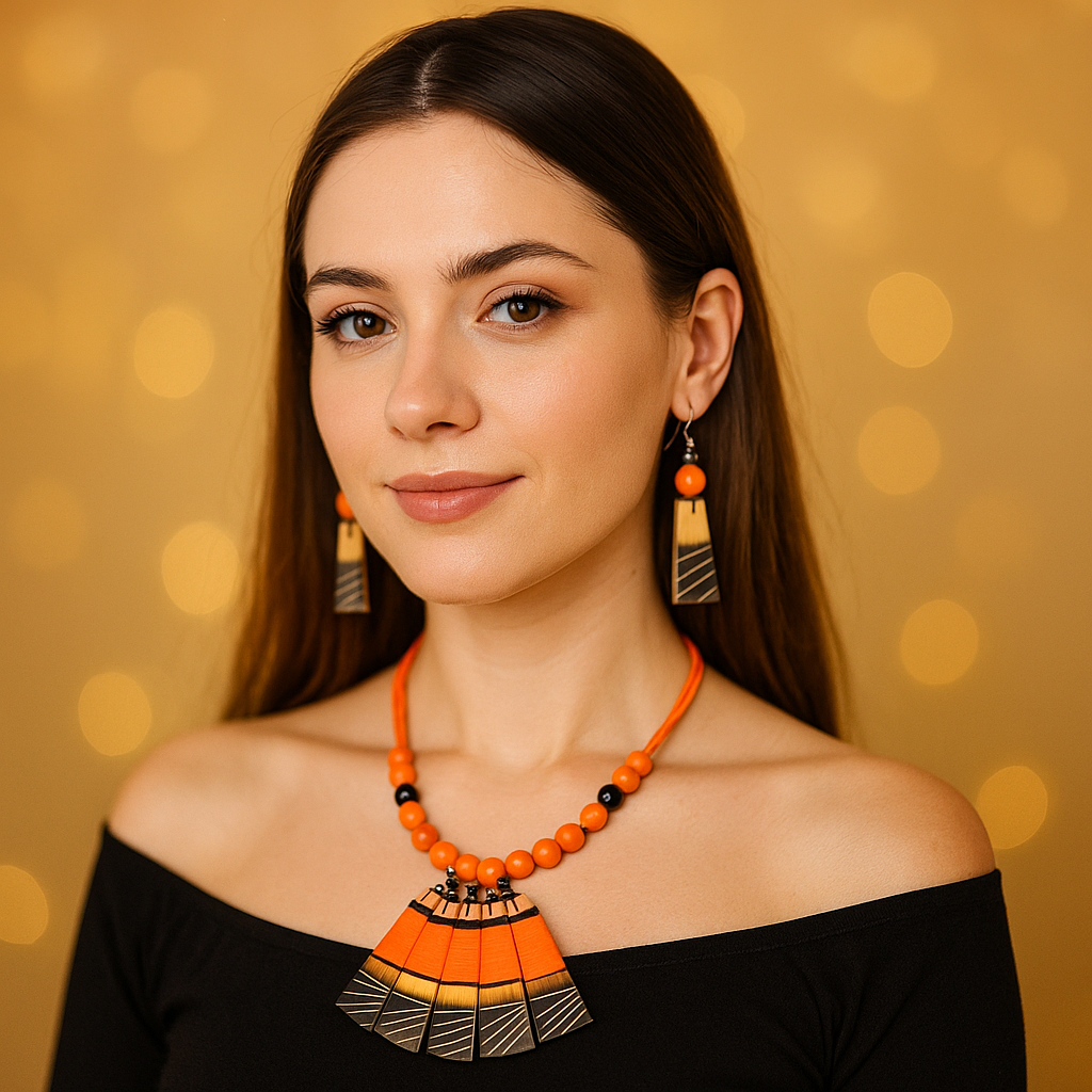 Orange & Black Beaded Fan Pendant Necklace
