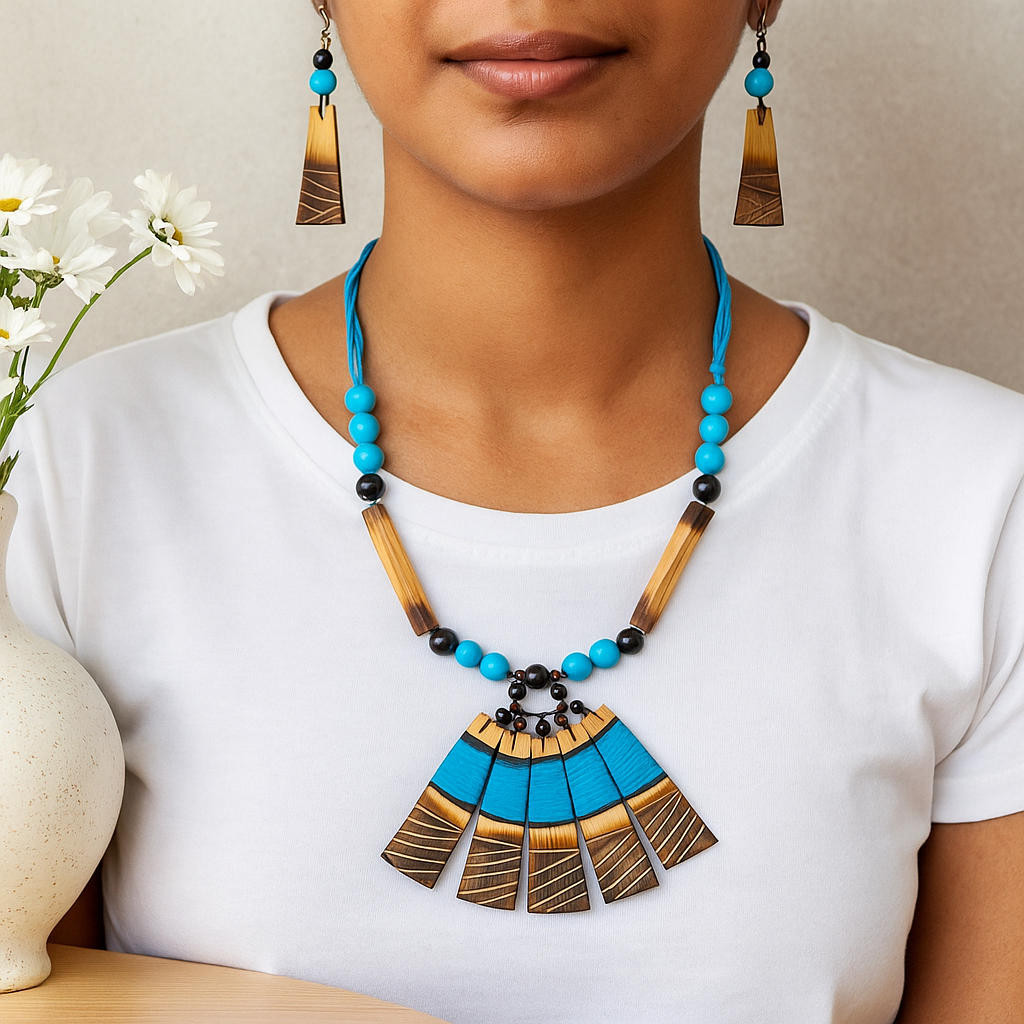 Blue & Black Beaded Fan Pendant Necklace