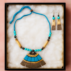 Blue & Black Beaded Fan Pendant Necklace