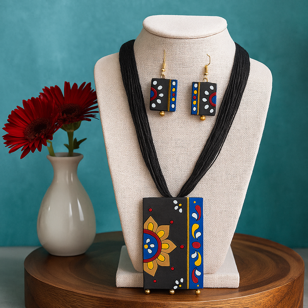 Hand-Painted Terracotta Necklace & Earring Set