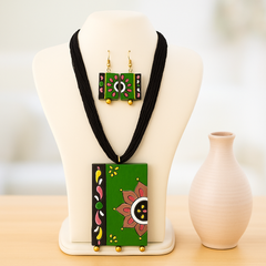 Hand-Painted Green Terracotta Necklace & Earring Set