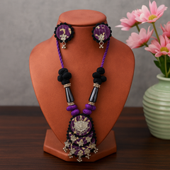 Purple & Black Fabric Necklace with Matching Earrings