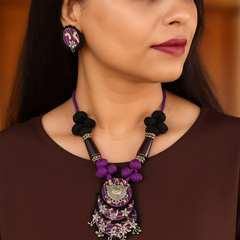 Purple & Black Fabric Necklace with Matching Earrings