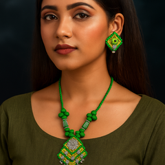 Green & Yellow Fabric Necklace Set with Floral Silver Motif