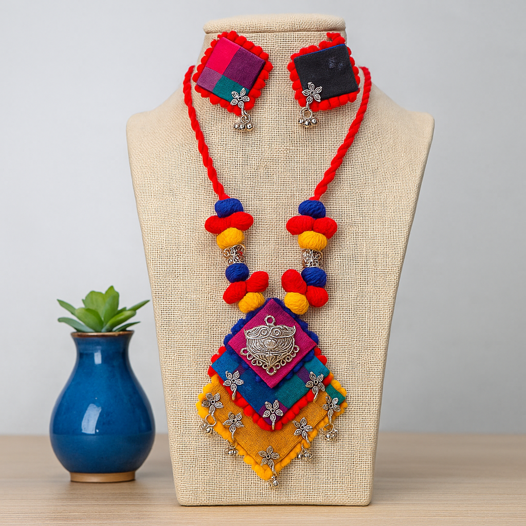 Multicolor Fabric Necklace with Matching Earrings