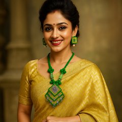 Green & Yellow Fabric Necklace Set with Floral Silver Motif