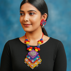 Multicolor Fabric Necklace with Matching Earrings