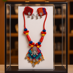 Multicolor Fabric Necklace Set with Goddess Motif