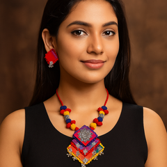 Multicolor Fabric Necklace Set with Floral Oxidized Charm