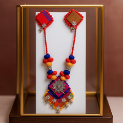 Multicolor Fabric Necklace Set with Floral Oxidized Charm