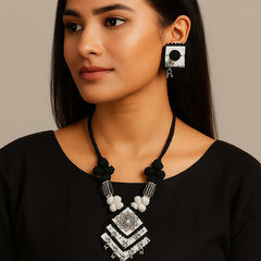 Black & White Handmade Thread Necklace Set with Square Pendant