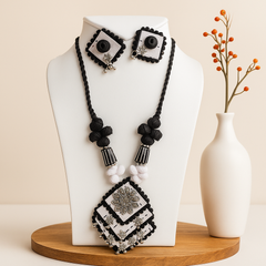 Black & White Handmade Thread Necklace Set with Square Pendant