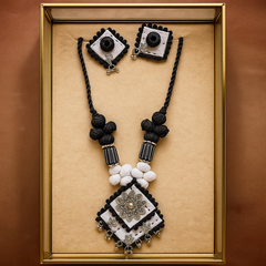 Black & White Handmade Thread Necklace Set with Square Pendant