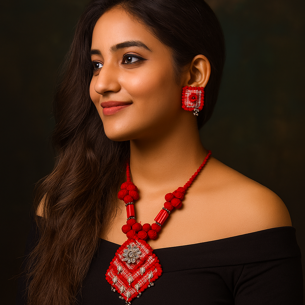Red & Silver Handmade Thread Necklace Set with Square Pendant