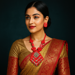 Red & Silver Handmade Thread Necklace Set with Square Pendant