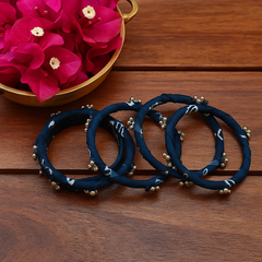 Navy Blue Fabric Wrapped Bangle Set with Butterfly Charm