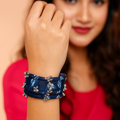 Navy Blue Fabric Wrapped Bangle Set with Butterfly Charm