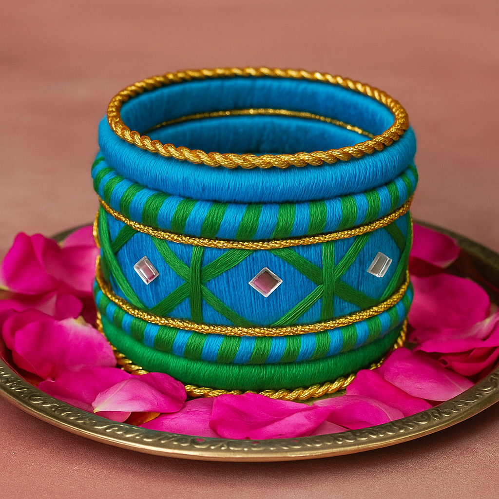 Royal Blue & Green Thread Bangle Set with Golden Detailing