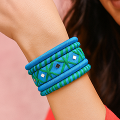 Royal Blue & Green Thread Bangle Set with Golden Detailing