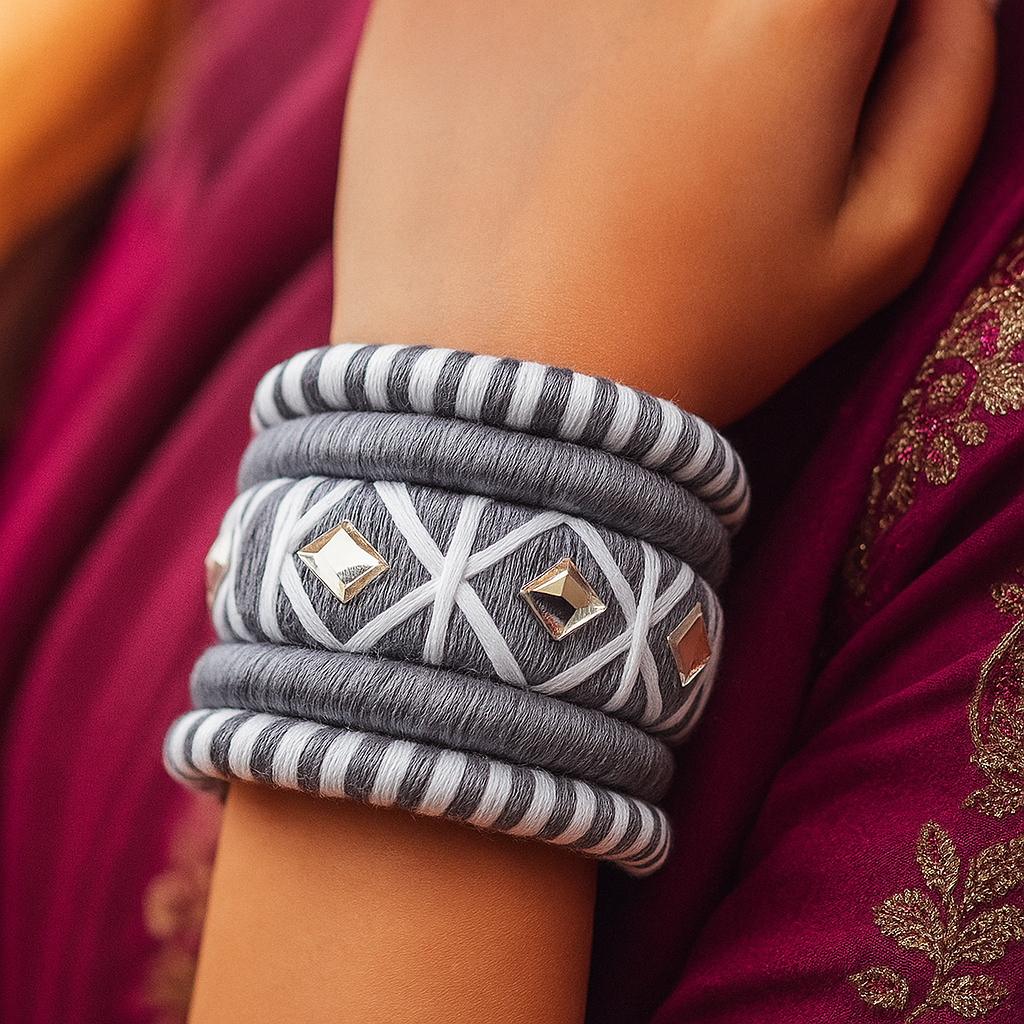 Elegant Grey & White Silk Thread Bangle Set with Mirror Work