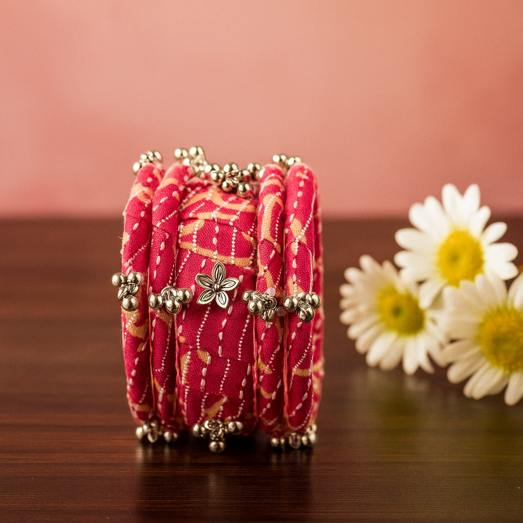 Traditional Pink Bandhani Fabric Bangles with Golden Beads